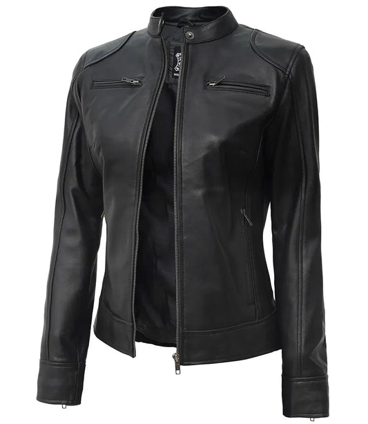 Dodge Women's Black Lambskin Motorcycle Leather Jacket - Vox Leather