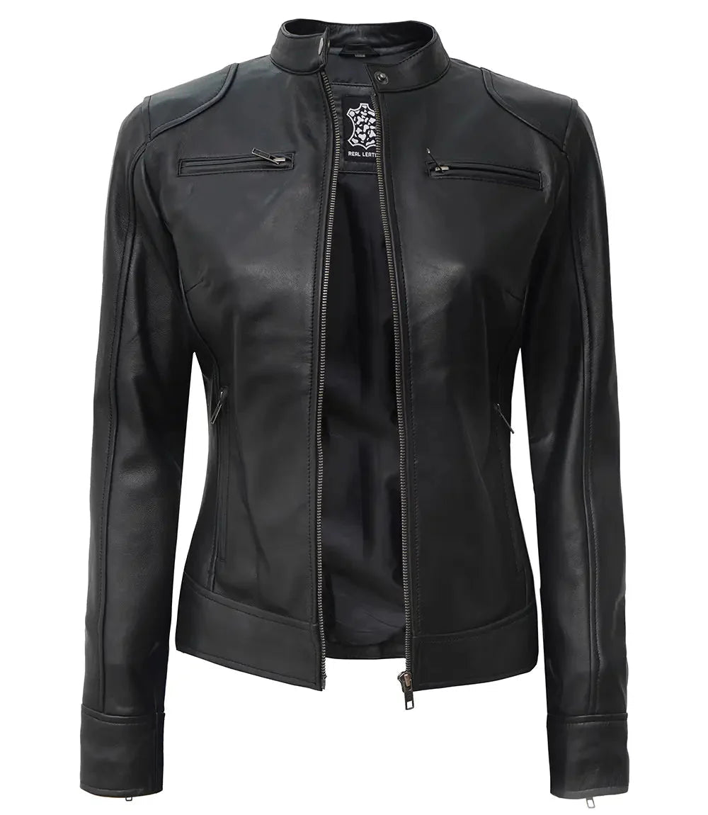 Dodge Women's Black Lambskin Motorcycle Leather Jacket - Vox Leather