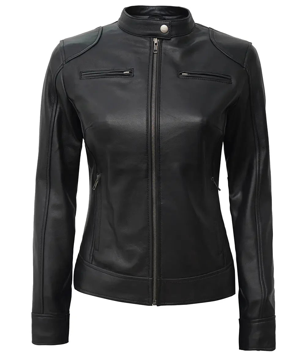 Dodge Women's Black Lambskin Motorcycle Leather Jacket - Vox Leather