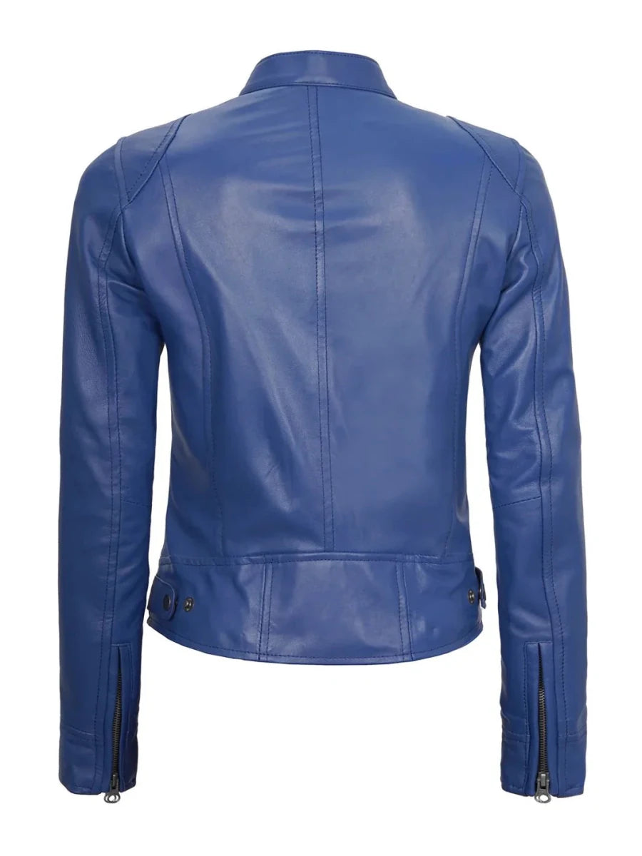Dodge Women's Blue Leather Cafe Racer Jacket - Vox Leather