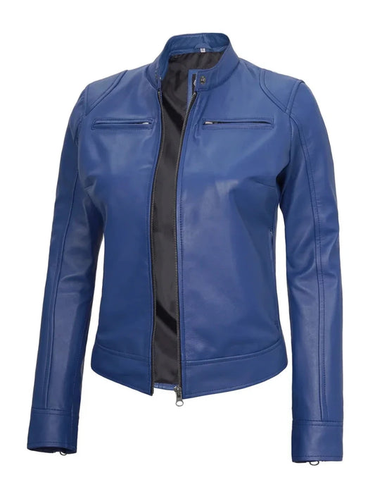 Dodge Women's Blue Leather Cafe Racer Jacket - Vox Leather