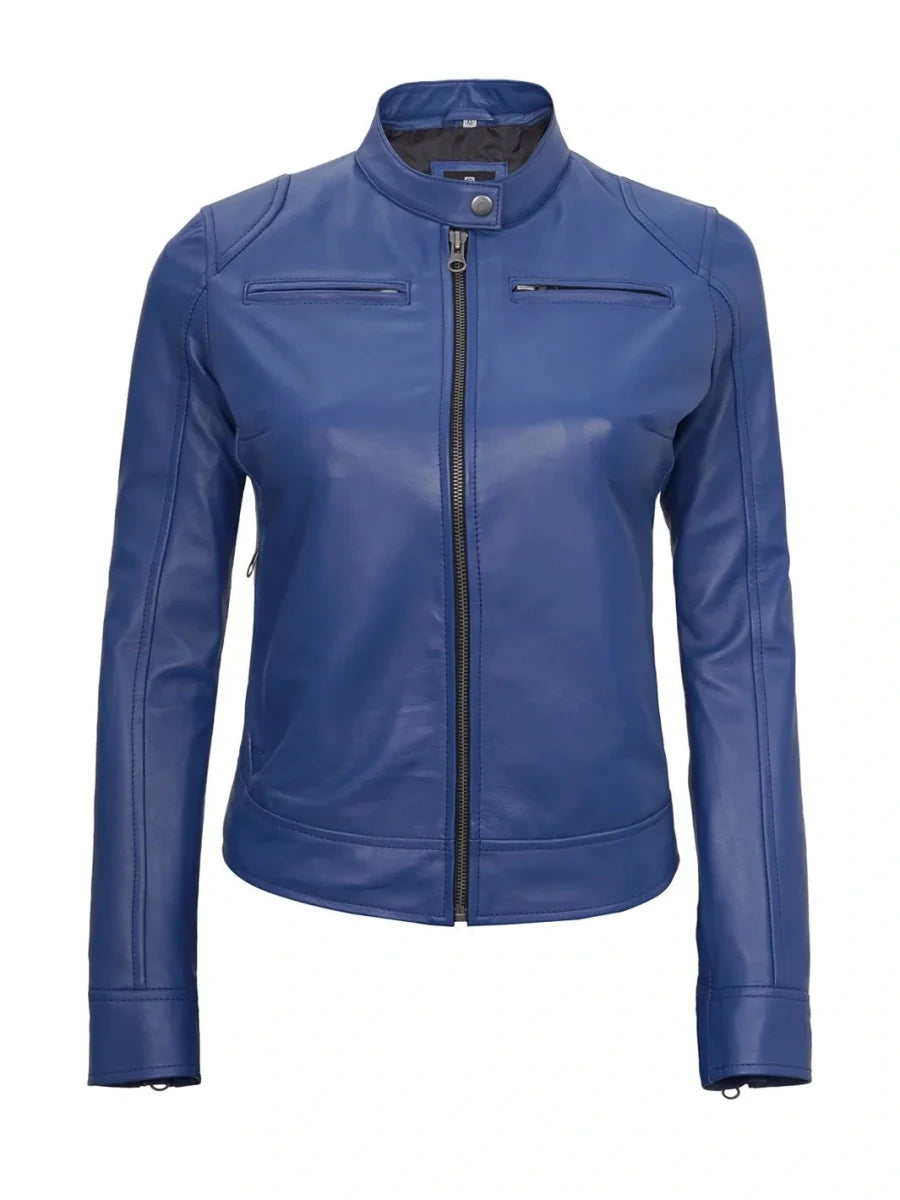 Dodge Women's Blue Leather Cafe Racer Jacket - Vox Leather