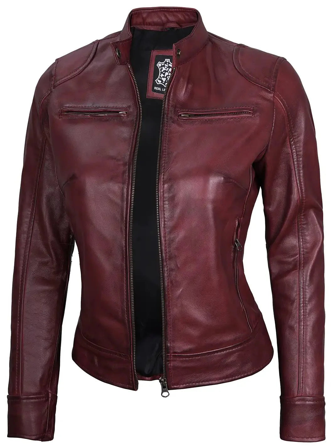 Dodge Womens Burgundy Leather Jacket Cafe Racer - Rare Leather
