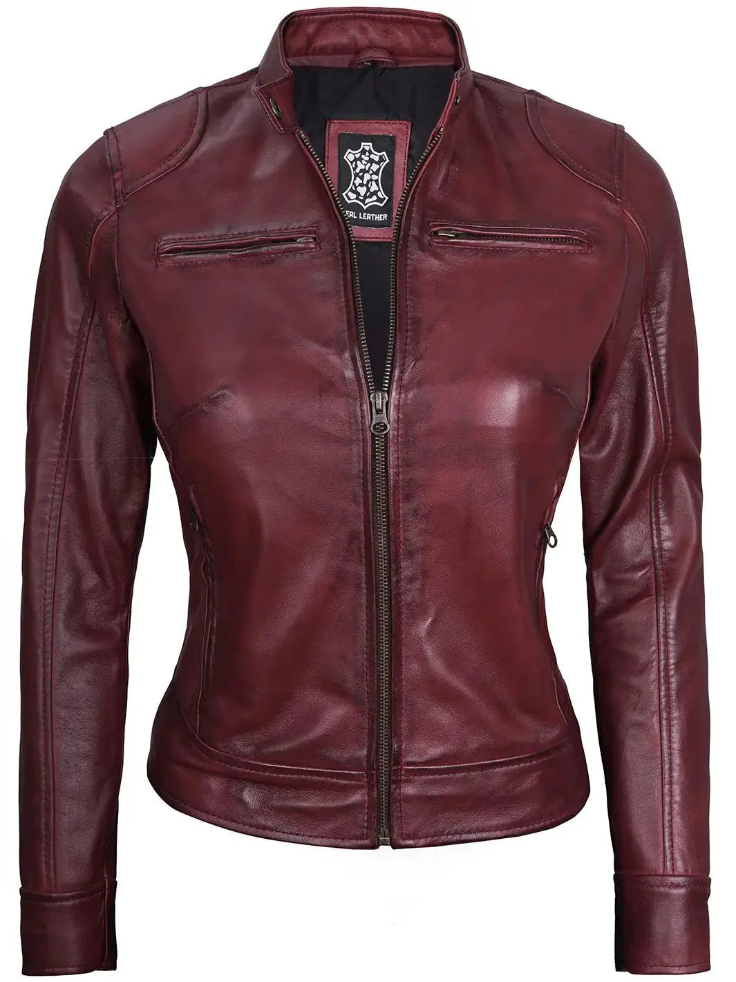 Dodge Womens Burgundy Leather Jacket Cafe Racer - Rare Leather