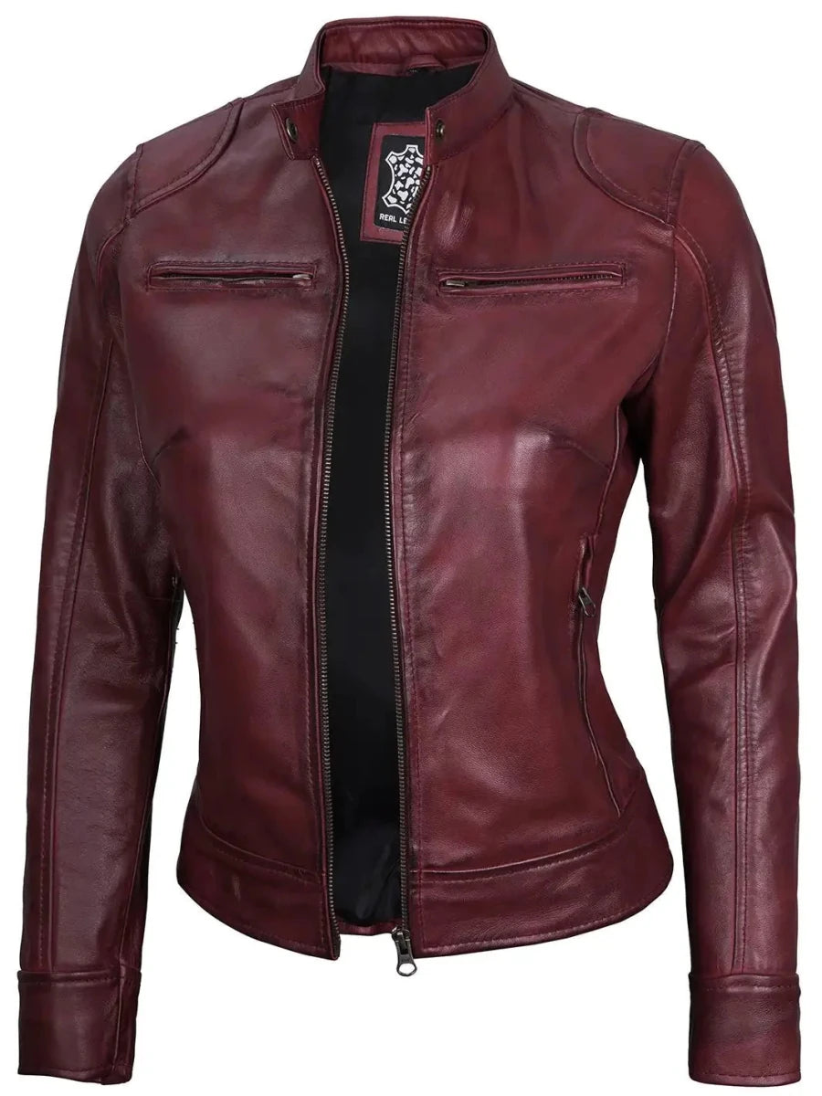 Dodge Womens Burgundy Leather Jacket Cafe Racer - Vox Leather