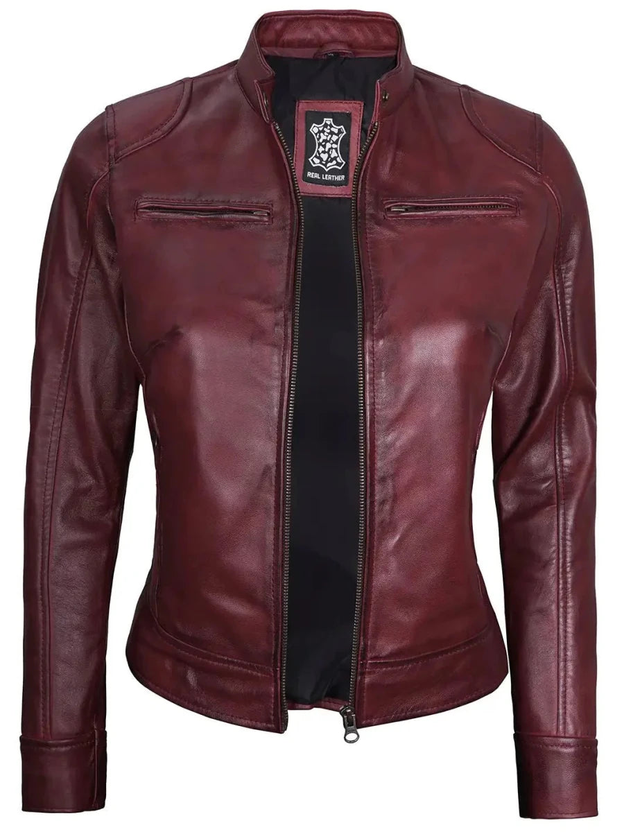 Dodge Womens Burgundy Leather Jacket Cafe Racer - Vox Leather