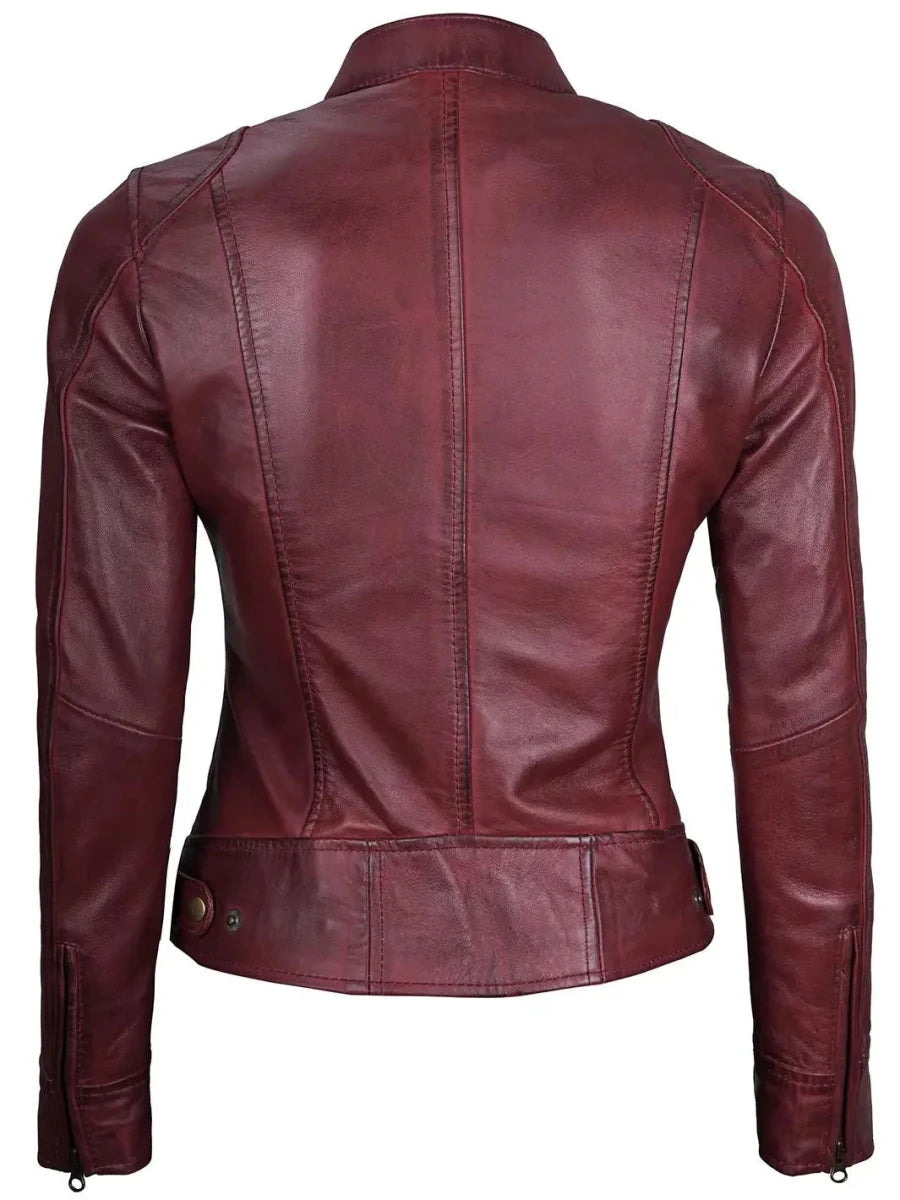 Dodge Womens Burgundy Leather Jacket Cafe Racer - Vox Leather