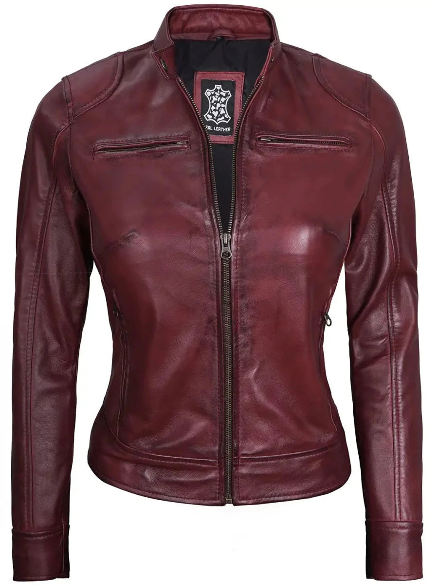 Dodge Womens Burgundy Leather Jacket Cafe Racer - Vox Leather