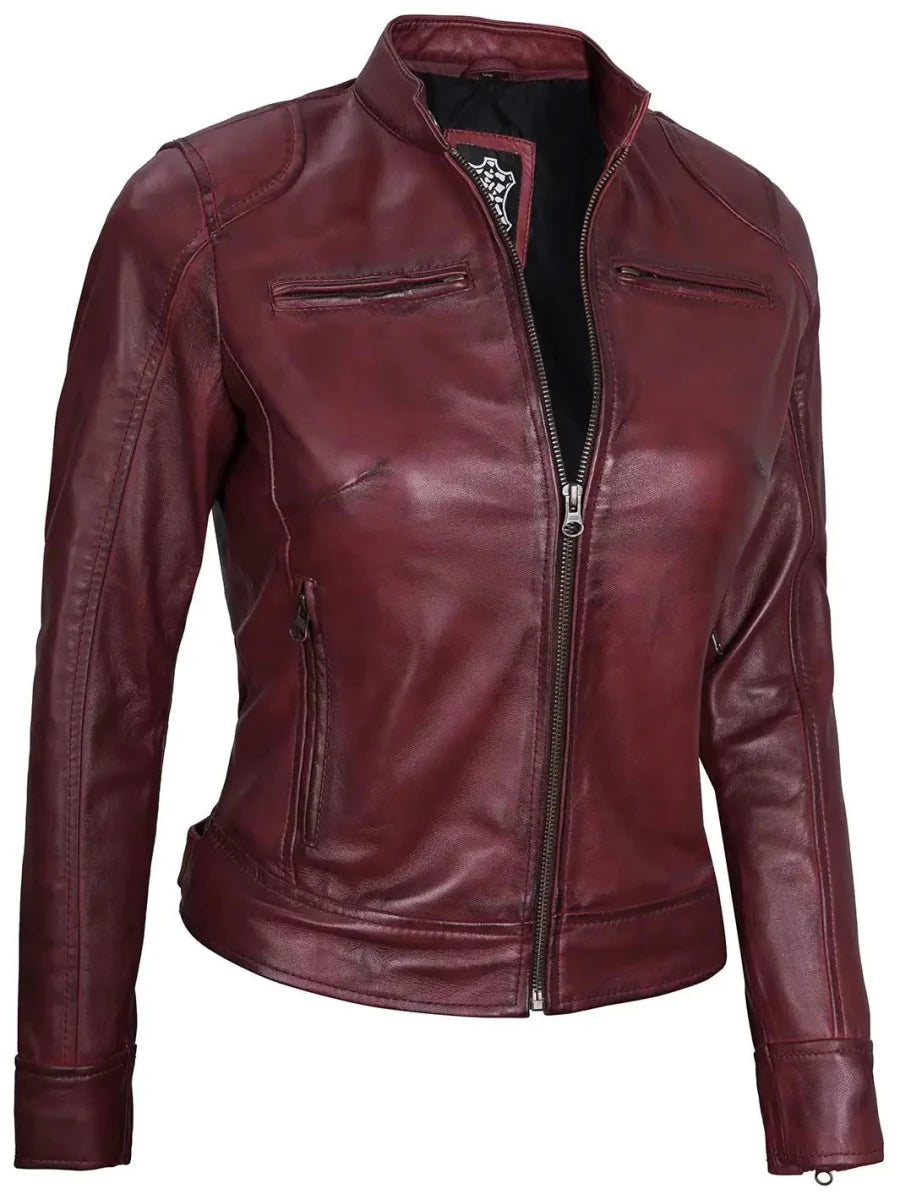 Dodge Womens Burgundy Leather Jacket Cafe Racer - Vox Leather