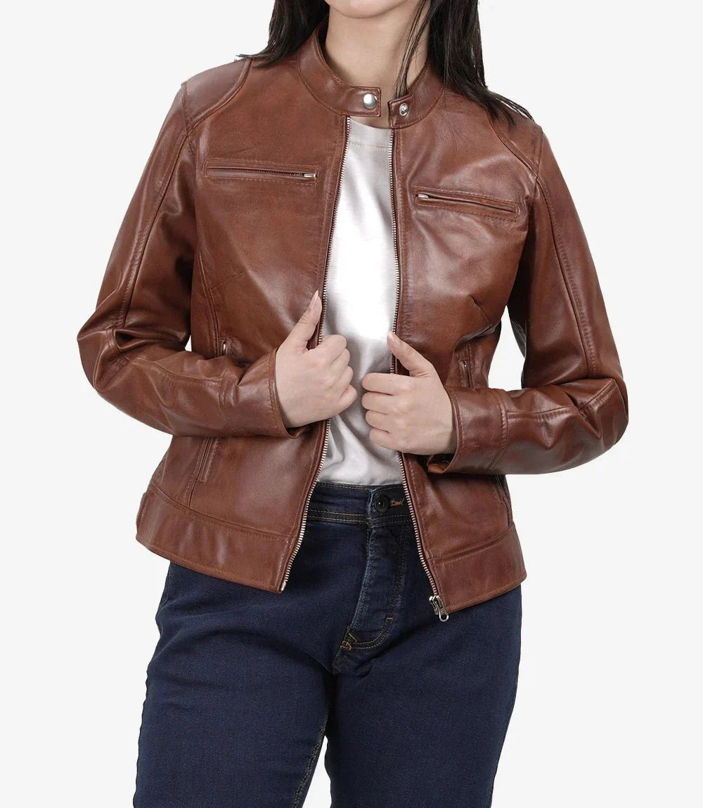 Dodge Womens Cognac Brown Motorcycle Leather Jacket - Rare Leather