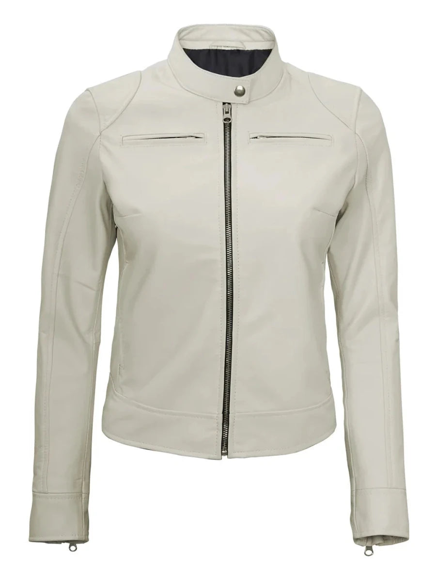 Dodge Women's Off White Cafe Racer Leather Jacket - Vox Leather