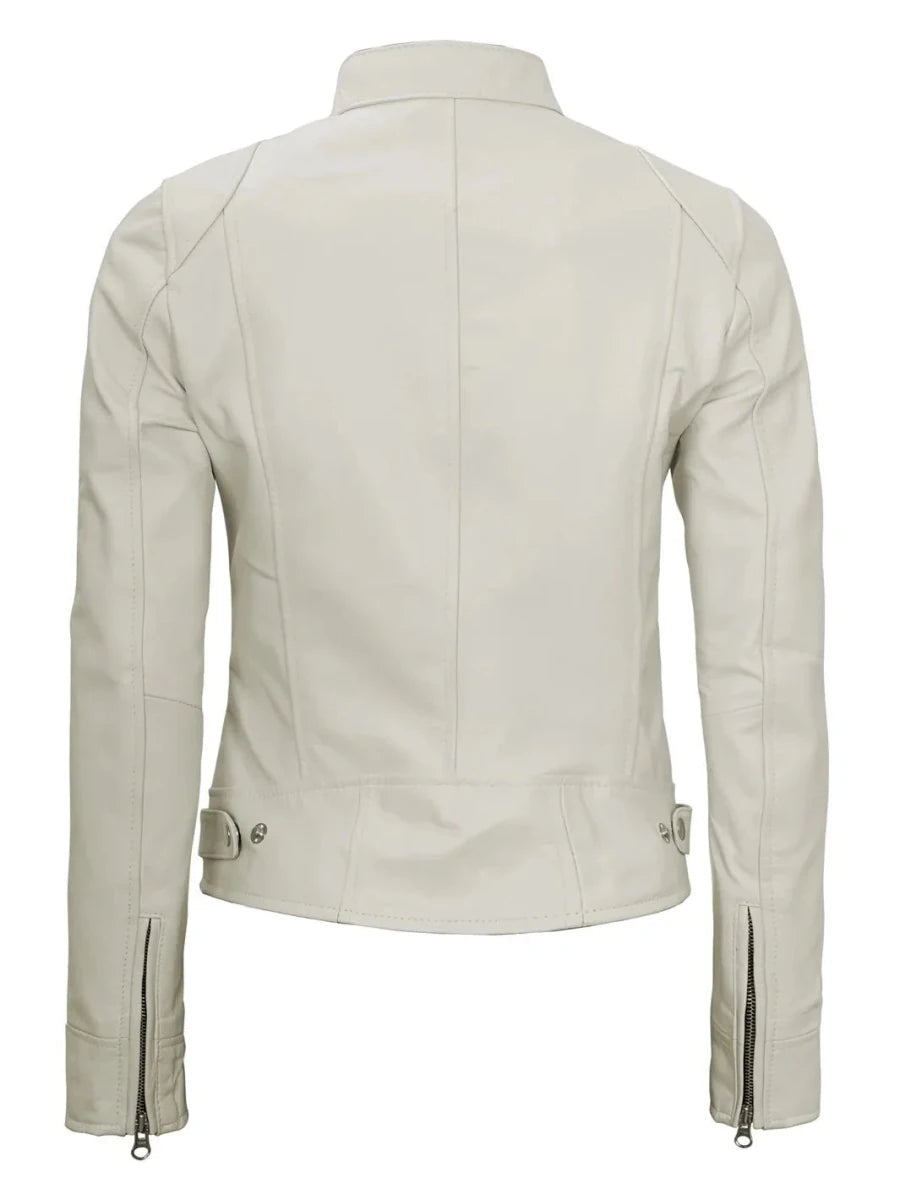 Dodge Women's Off White Cafe Racer Leather Jacket - Vox Leather