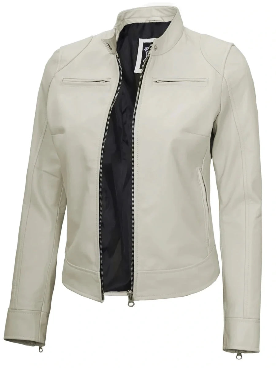 Dodge Women's Off White Cafe Racer Leather Jacket - Vox Leather