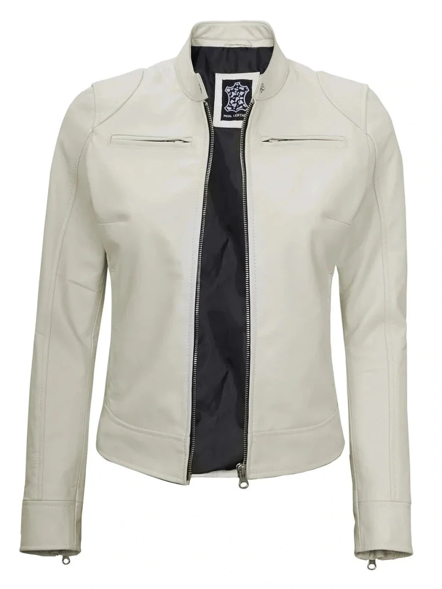 Dodge Women's Off White Cafe Racer Leather Jacket - Vox Leather