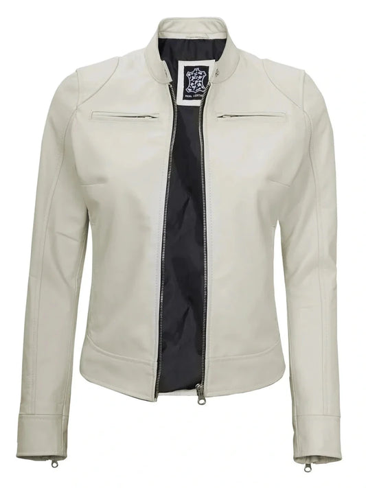 Dodge Women's Off White Cafe Racer Leather Jacket - Vox Leather