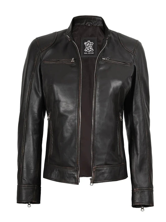 Dodge Women's Rub Off Brown Vintage Leather Jacket - Vox Leather
