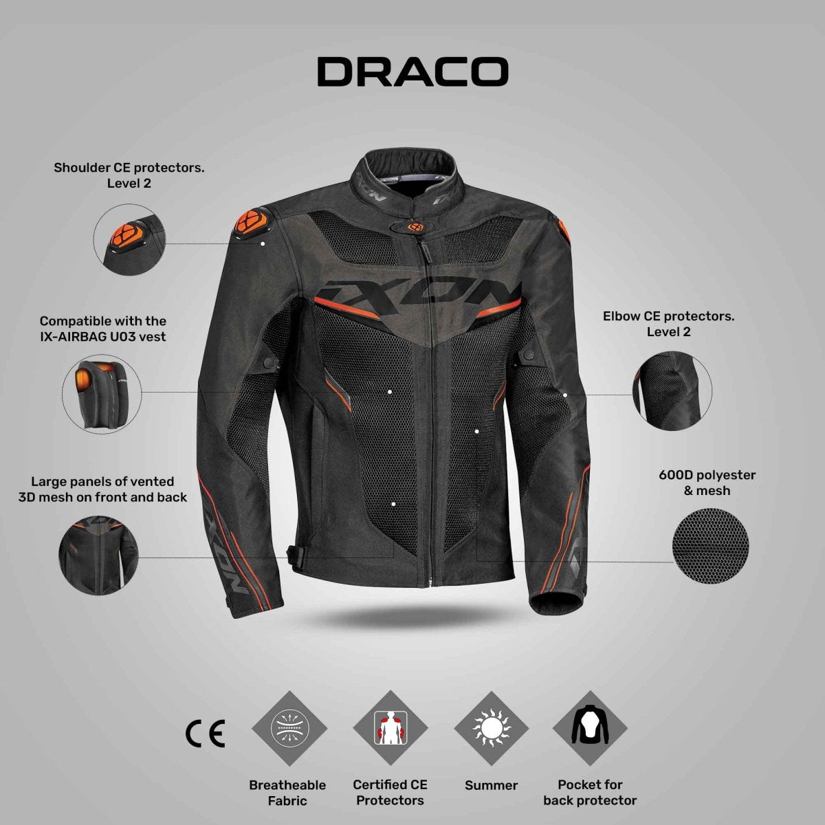 Draco - 3D Mesh Sport Touring Jacket (Black/Anthracite/Orange) - Vox Leather