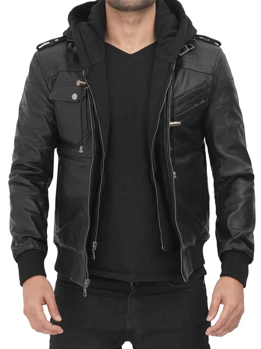 Edinburgh Black Hooded Leather Jacket - Vox Leather
