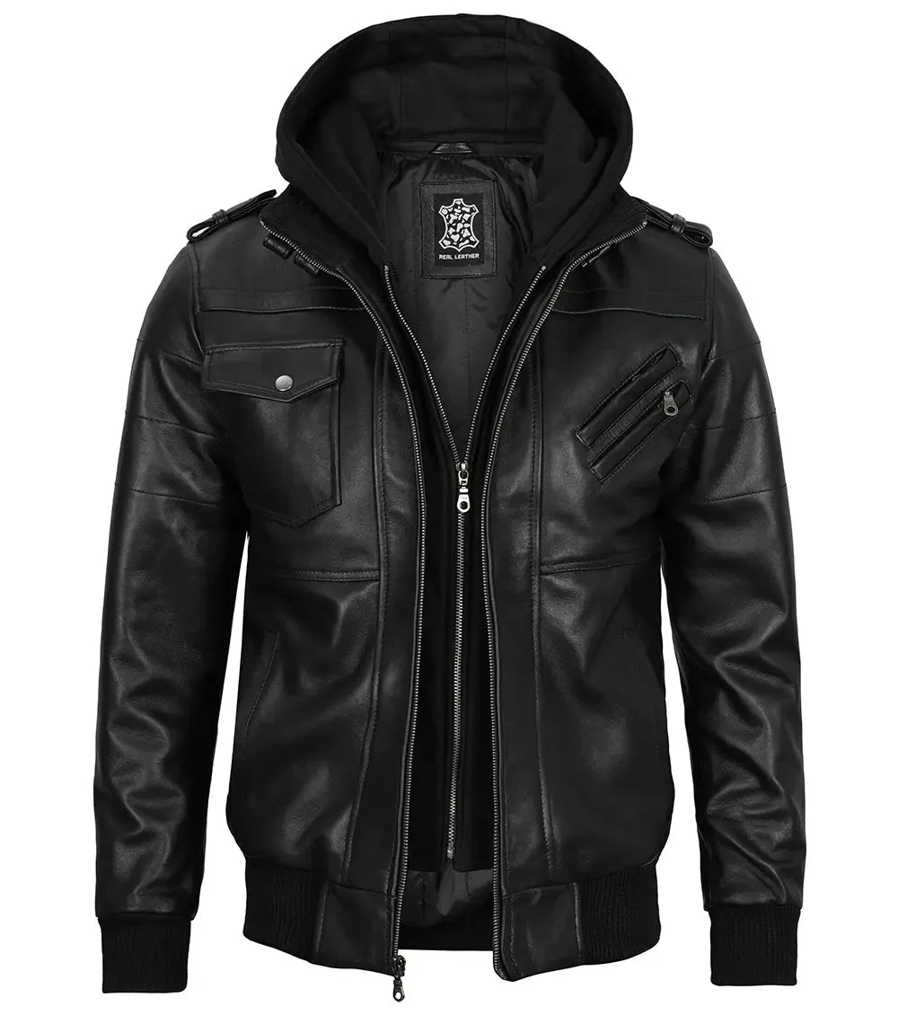 Edinburgh Mens Black Bomber Leather Jacket With Removable Hood - Vox Leather