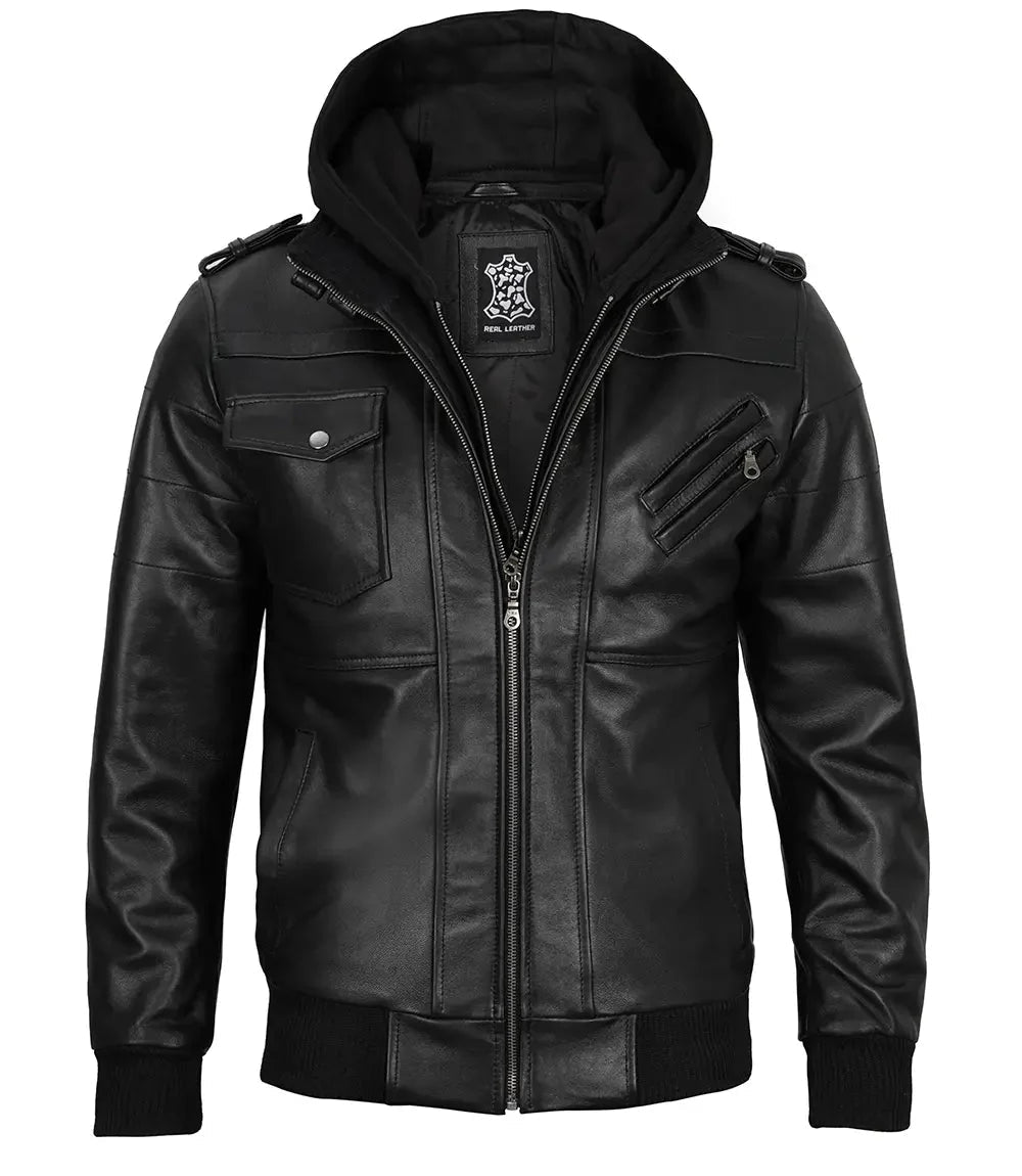 Edinburgh Mens Black Bomber Leather Jacket With Removable Hood - Vox Leather