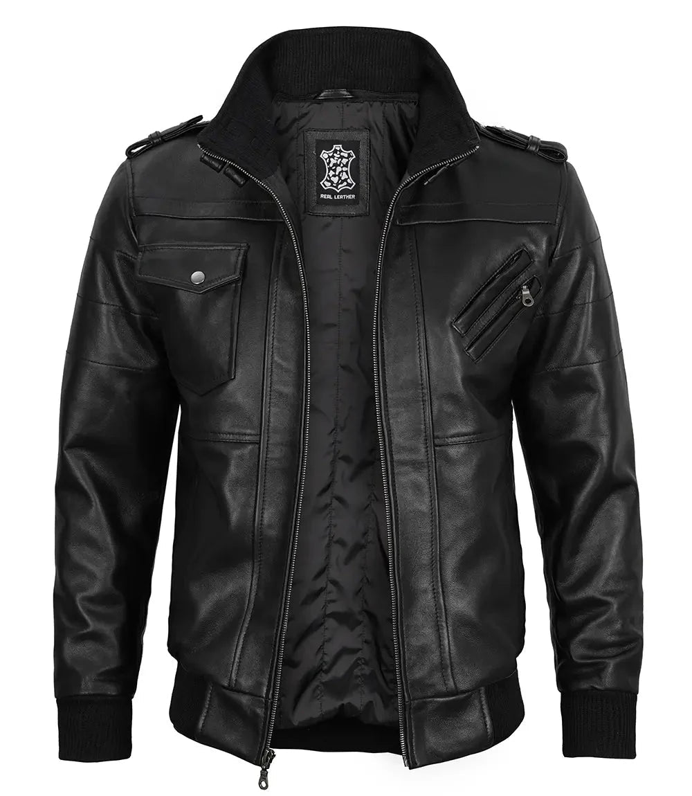 Edinburgh Mens Black Bomber Leather Jacket With Removable Hood - Vox Leather
