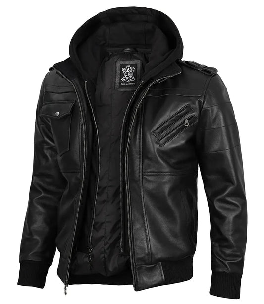 Edinburgh Mens Black Bomber Leather Jacket With Removable Hood - Vox Leather