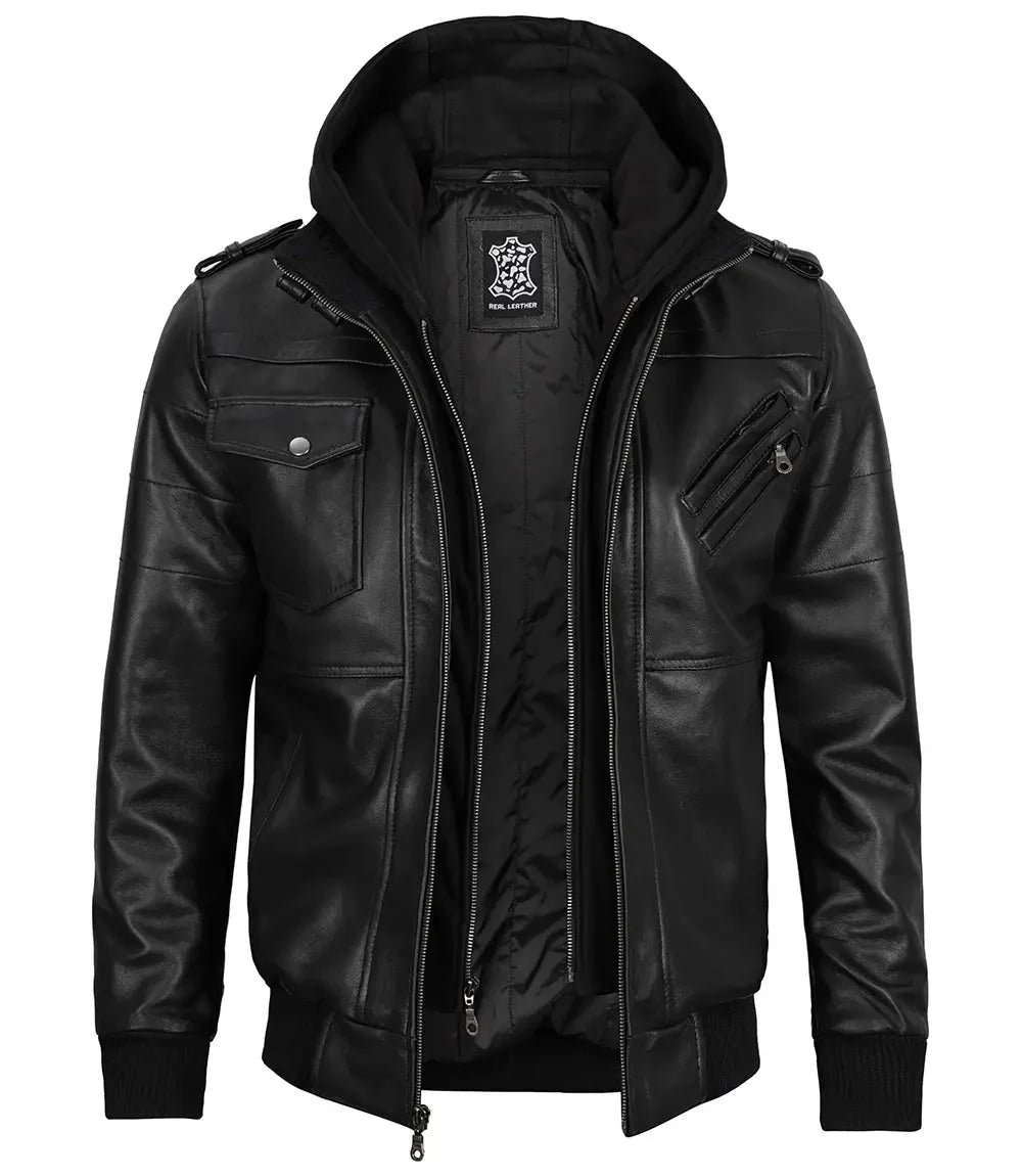 Edinburgh Mens Black Bomber Leather Jacket With Removable Hood - Vox Leather