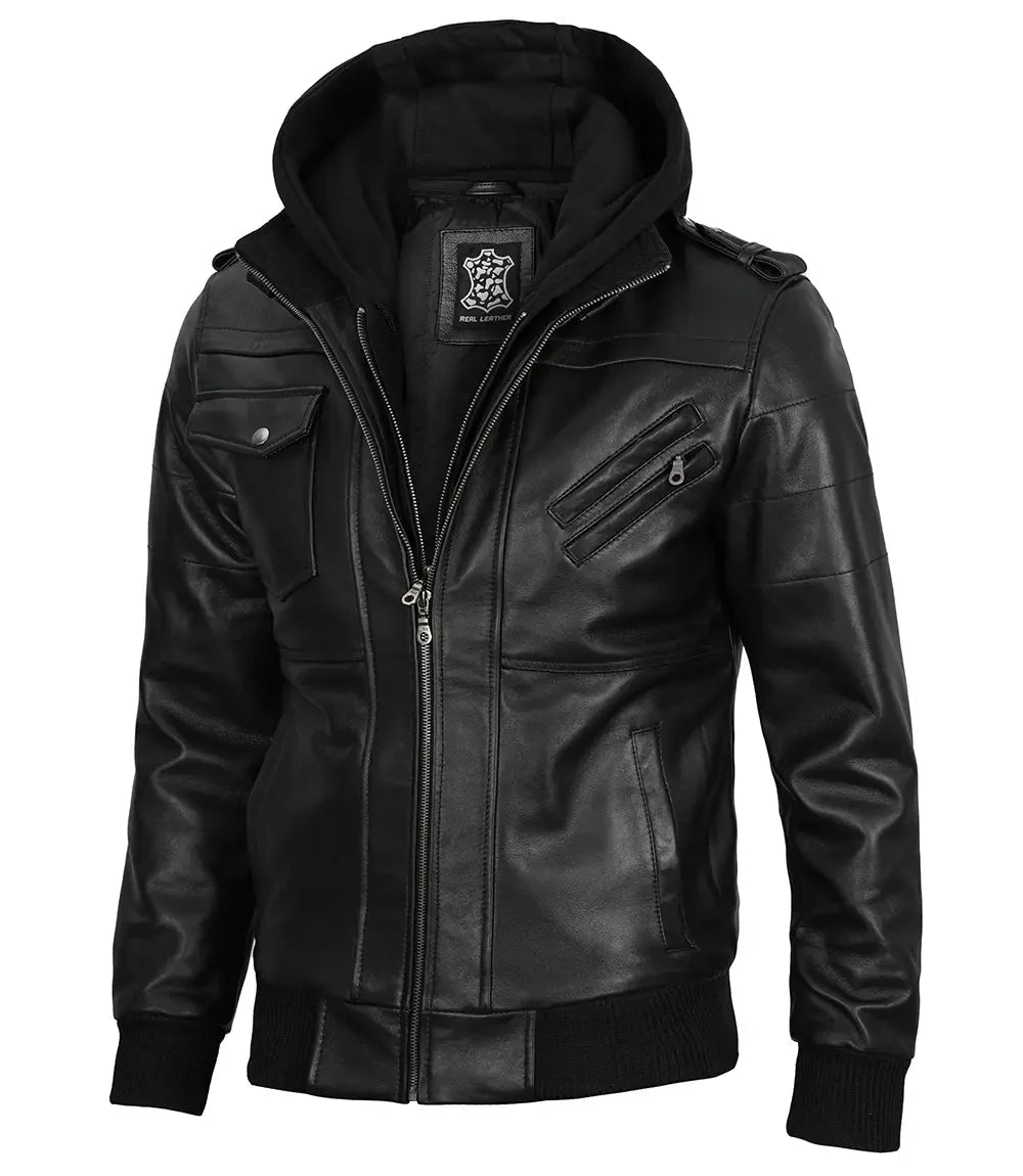 Edinburgh Mens Black Bomber Leather Jacket With Removable Hood - Vox Leather