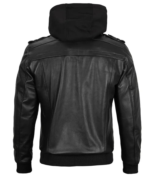 Edinburgh Mens Black Bomber Leather Jacket With Removable Hood - Vox Leather