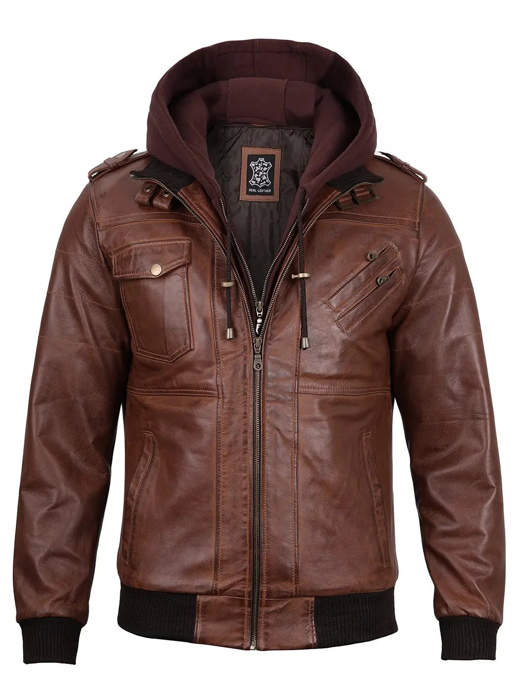 Edinburgh Mens Brown Bomber Leather Jacket With Removable Hood - Rare Leather