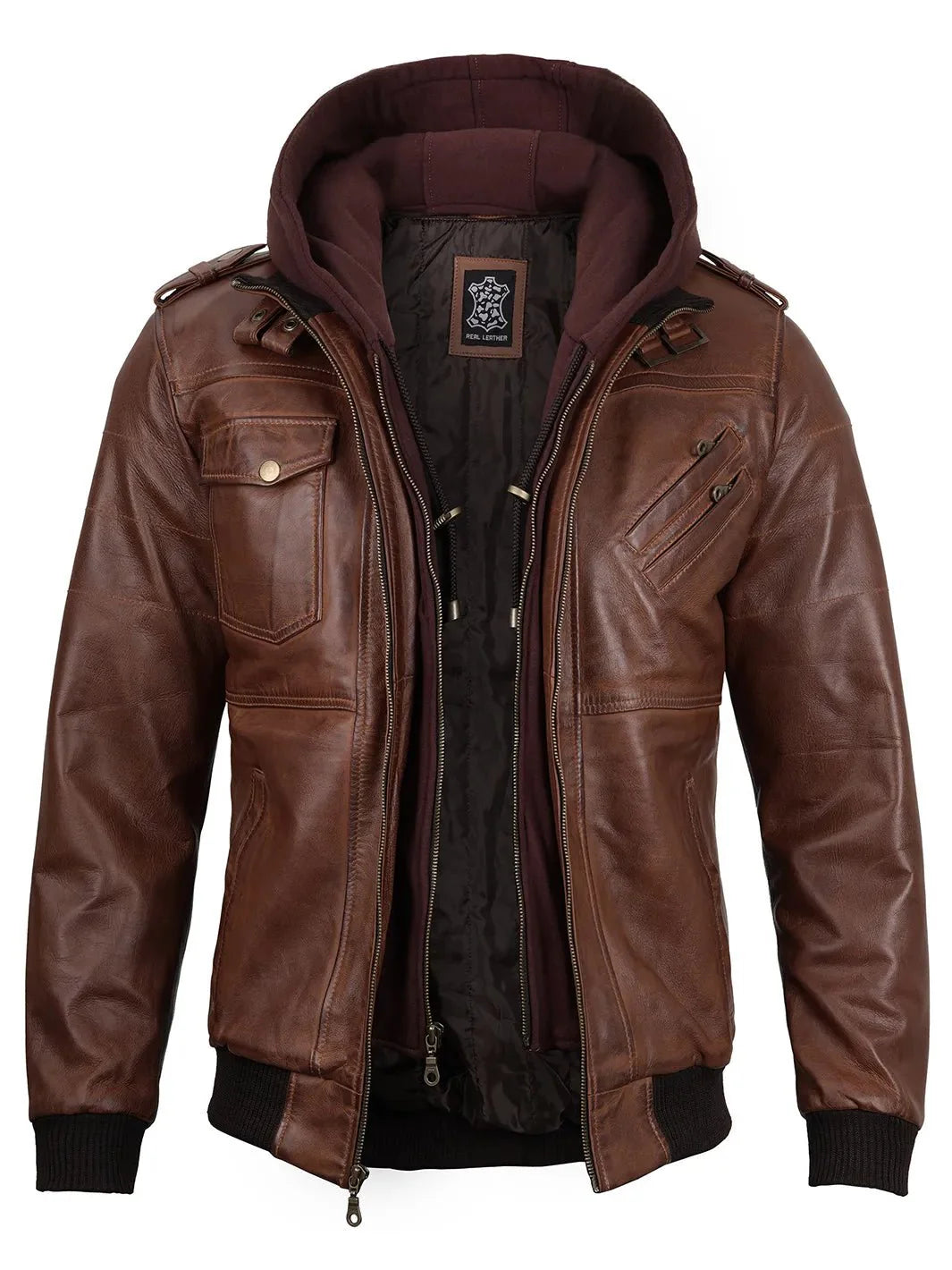 Edinburgh Mens Brown Bomber Leather Jacket With Removable Hood - Rare Leather