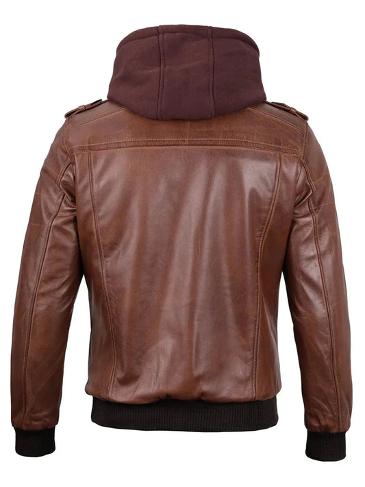Edinburgh Mens Brown Bomber Leather Jacket With Removable Hood - Vox Leather