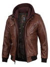 Edinburgh Mens Brown Bomber Leather Jacket With Removable Hood - Vox Leather