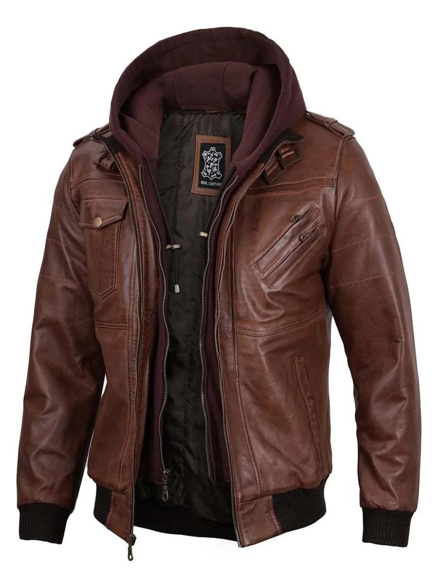 Edinburgh Mens Brown Bomber Leather Jacket With Removable Hood - Vox Leather