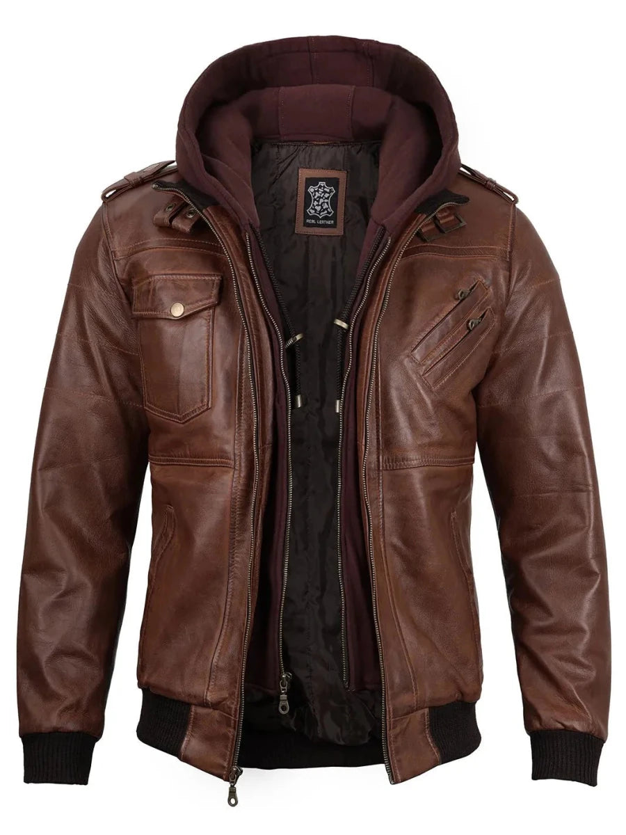 Edinburgh Mens Brown Bomber Leather Jacket With Removable Hood - Vox Leather