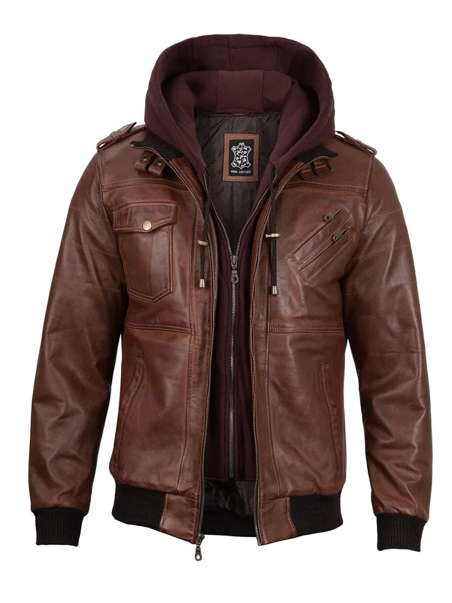Edinburgh Mens Brown Bomber Leather Jacket With Removable Hood - Vox Leather