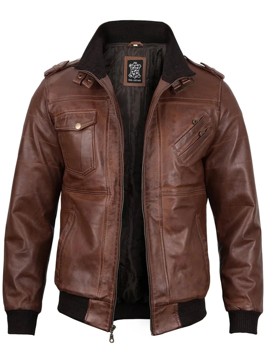 Edinburgh Mens Brown Bomber Leather Jacket With Removable Hood - Vox Leather