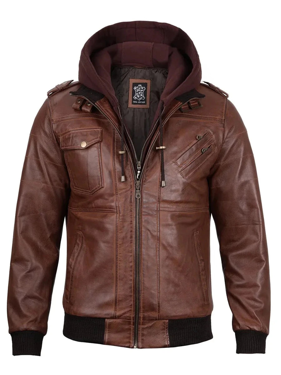 Edinburgh Mens Brown Bomber Leather Jacket With Removable Hood - Vox Leather