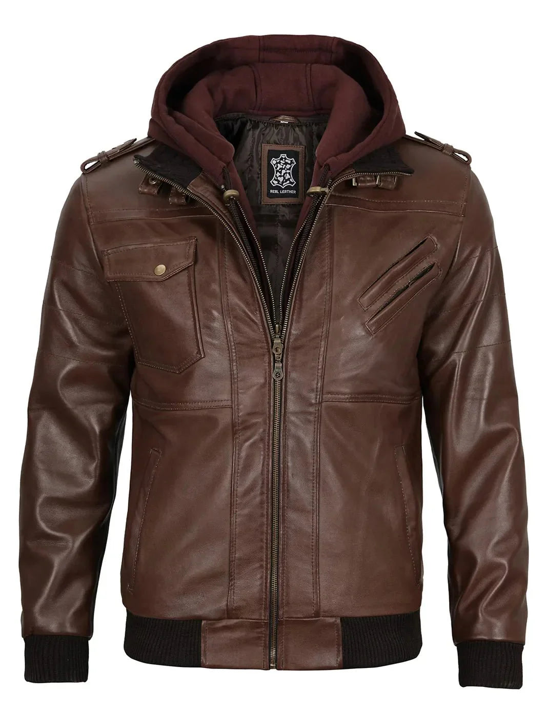 Edinburgh Men's Dark Brown Leather Bomber Jacket With Removable Hood - Rare Leather