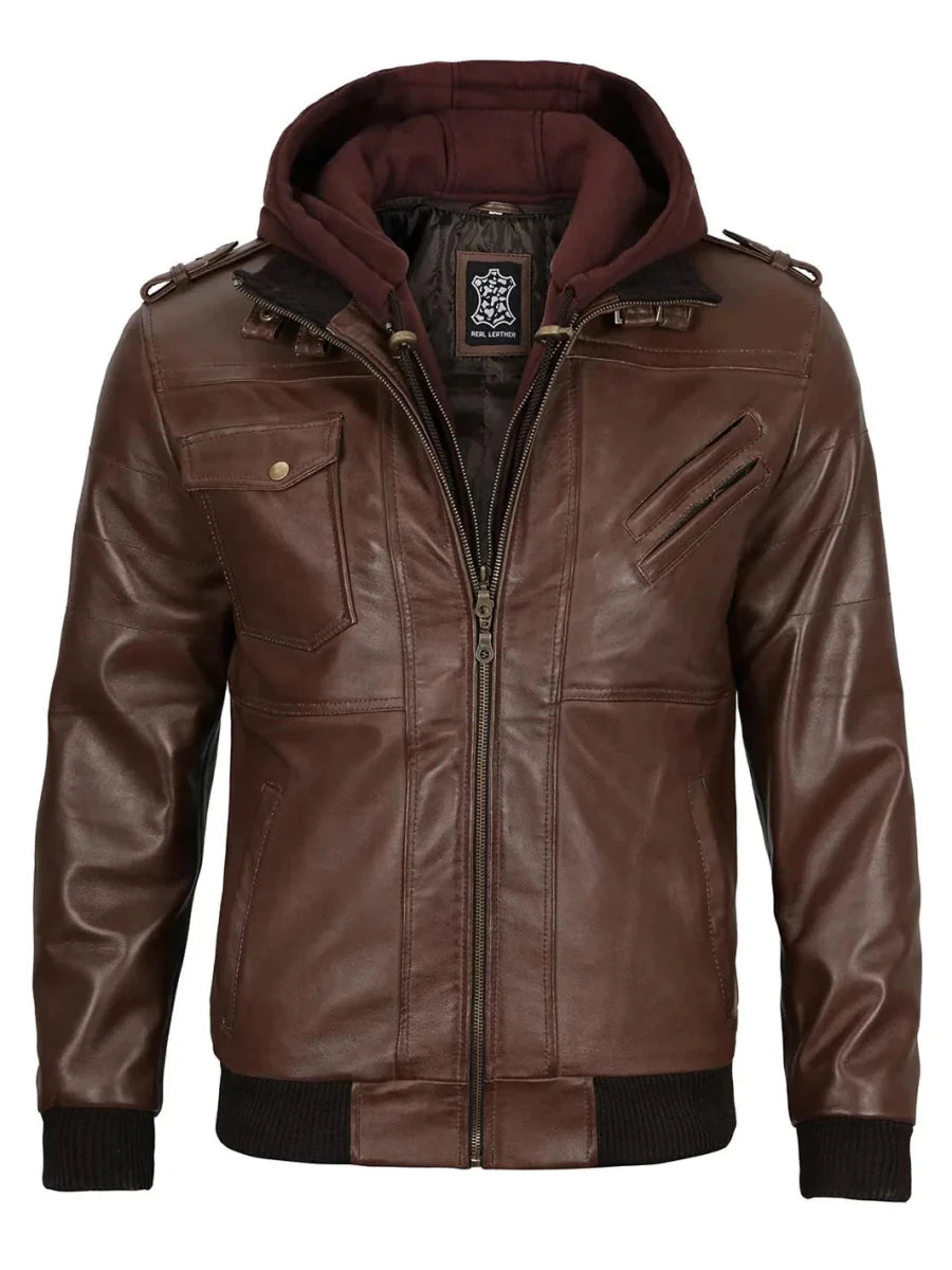 Edinburgh Men's Dark Brown Leather Bomber Jacket With Removable Hood - Vox Leather