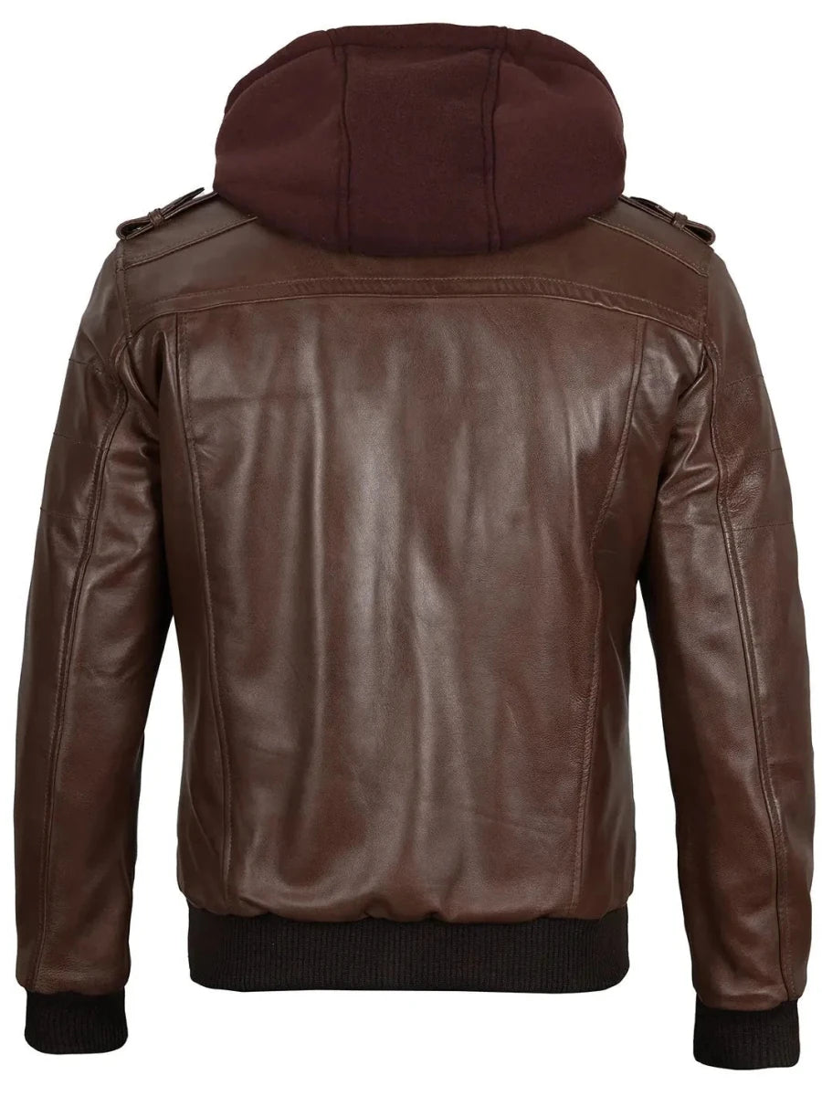 Edinburgh Men's Dark Brown Leather Bomber Jacket With Removable Hood - Vox Leather