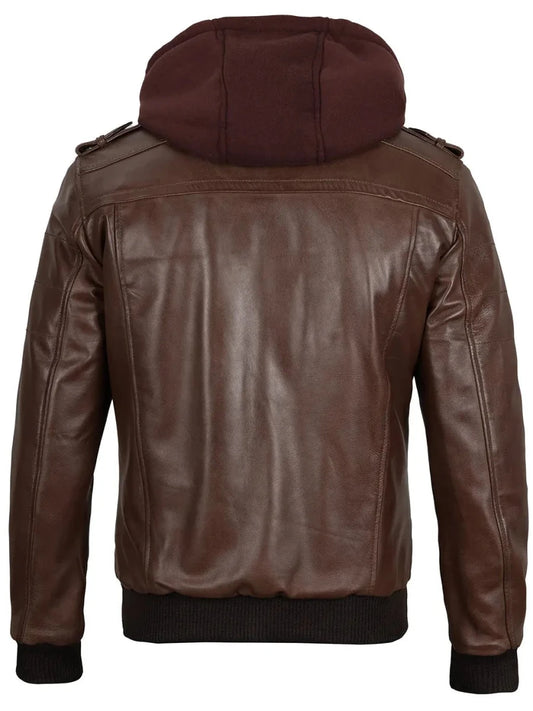Edinburgh Men's Dark Brown Leather Bomber Jacket With Removable Hood - Vox Leather