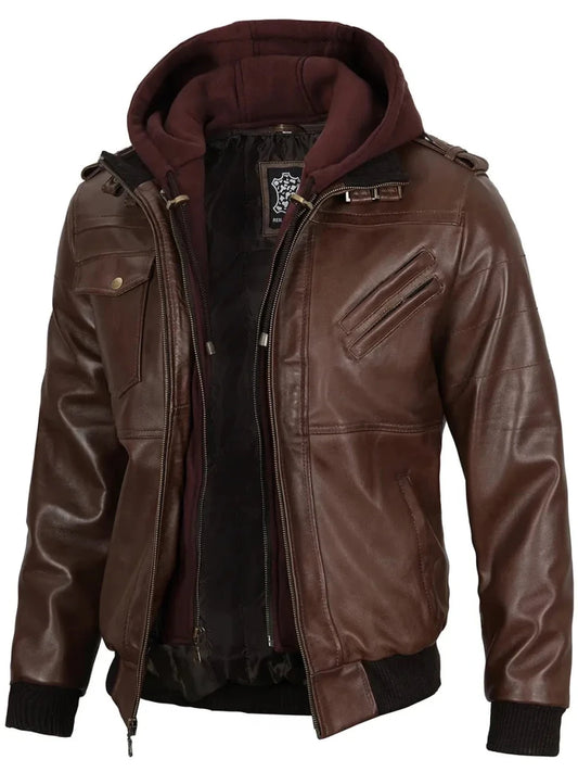 Edinburgh Men's Dark Brown Leather Bomber Jacket With Removable Hood - Vox Leather