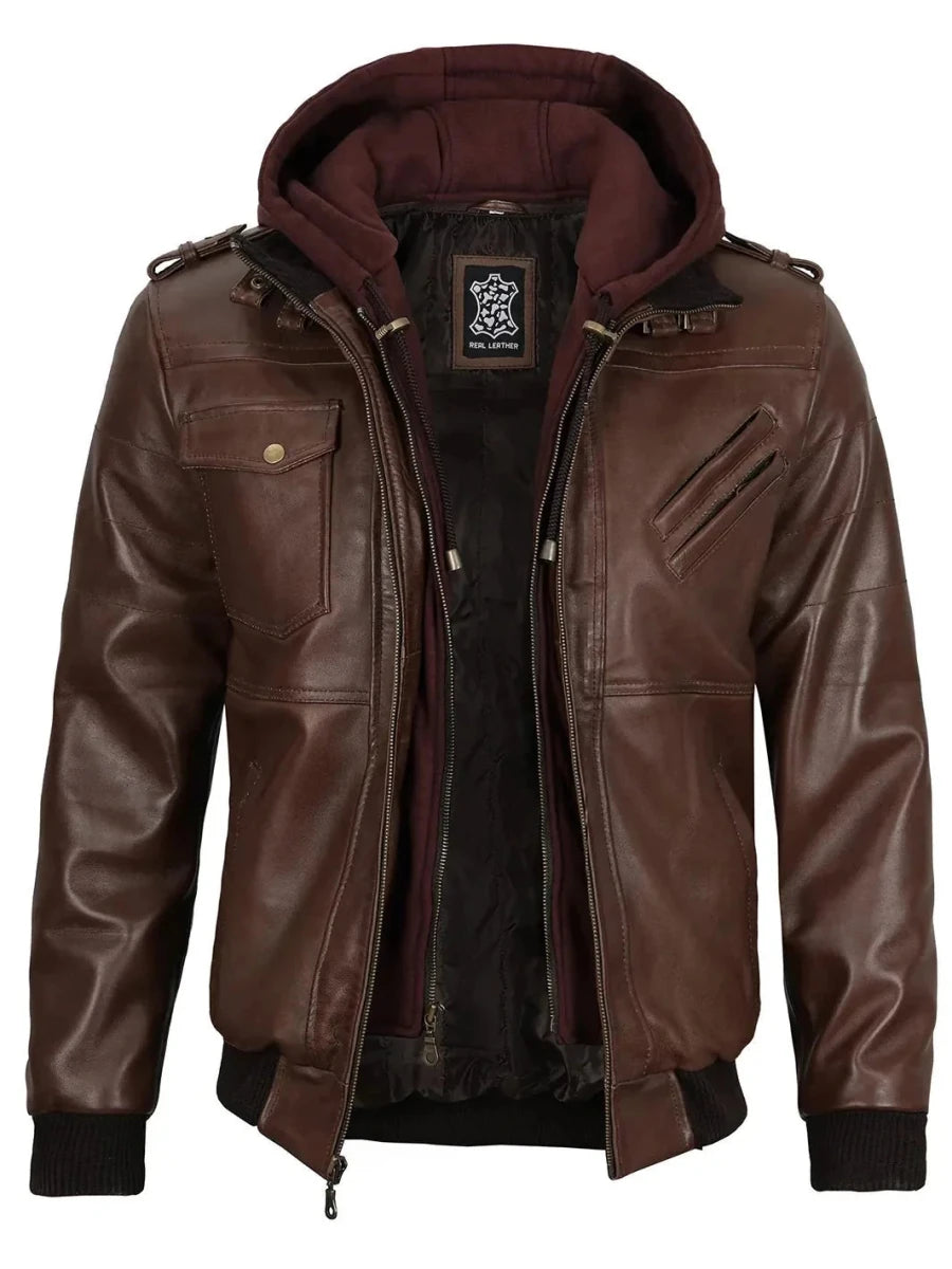 Edinburgh Men's Dark Brown Leather Bomber Jacket With Removable Hood - Vox Leather