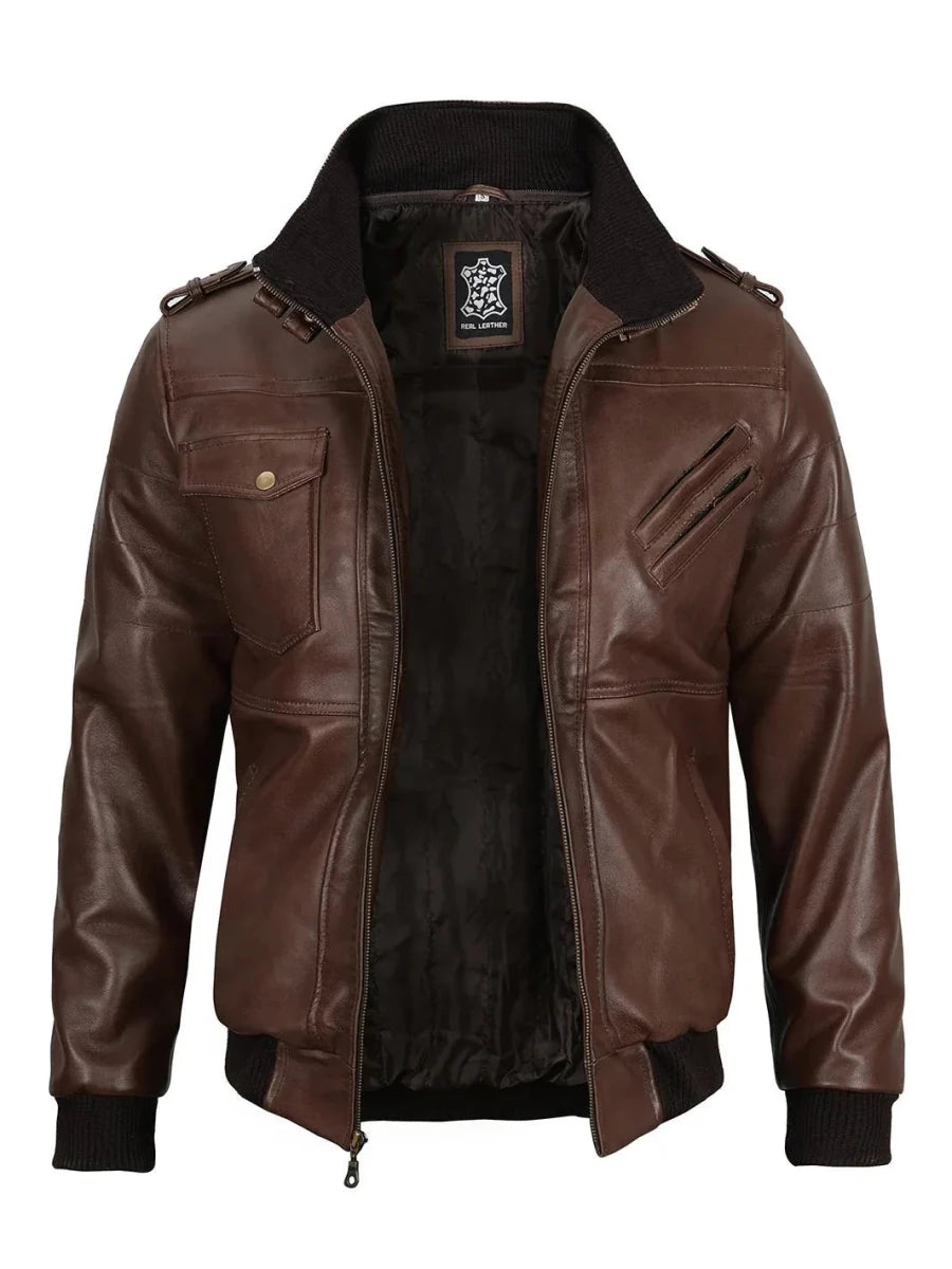 Edinburgh Men's Dark Brown Leather Bomber Jacket With Removable Hood - Vox Leather