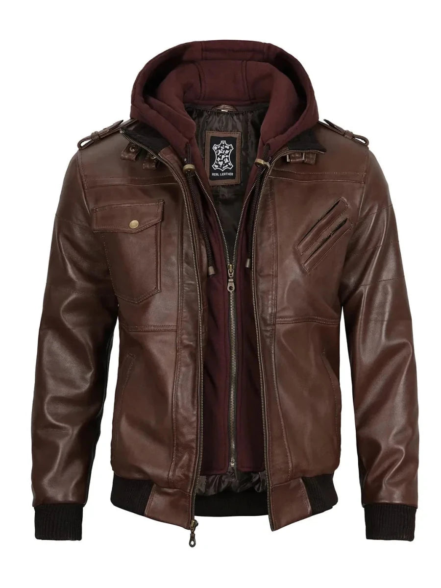 Edinburgh Men's Dark Brown Leather Bomber Jacket With Removable Hood - Vox Leather