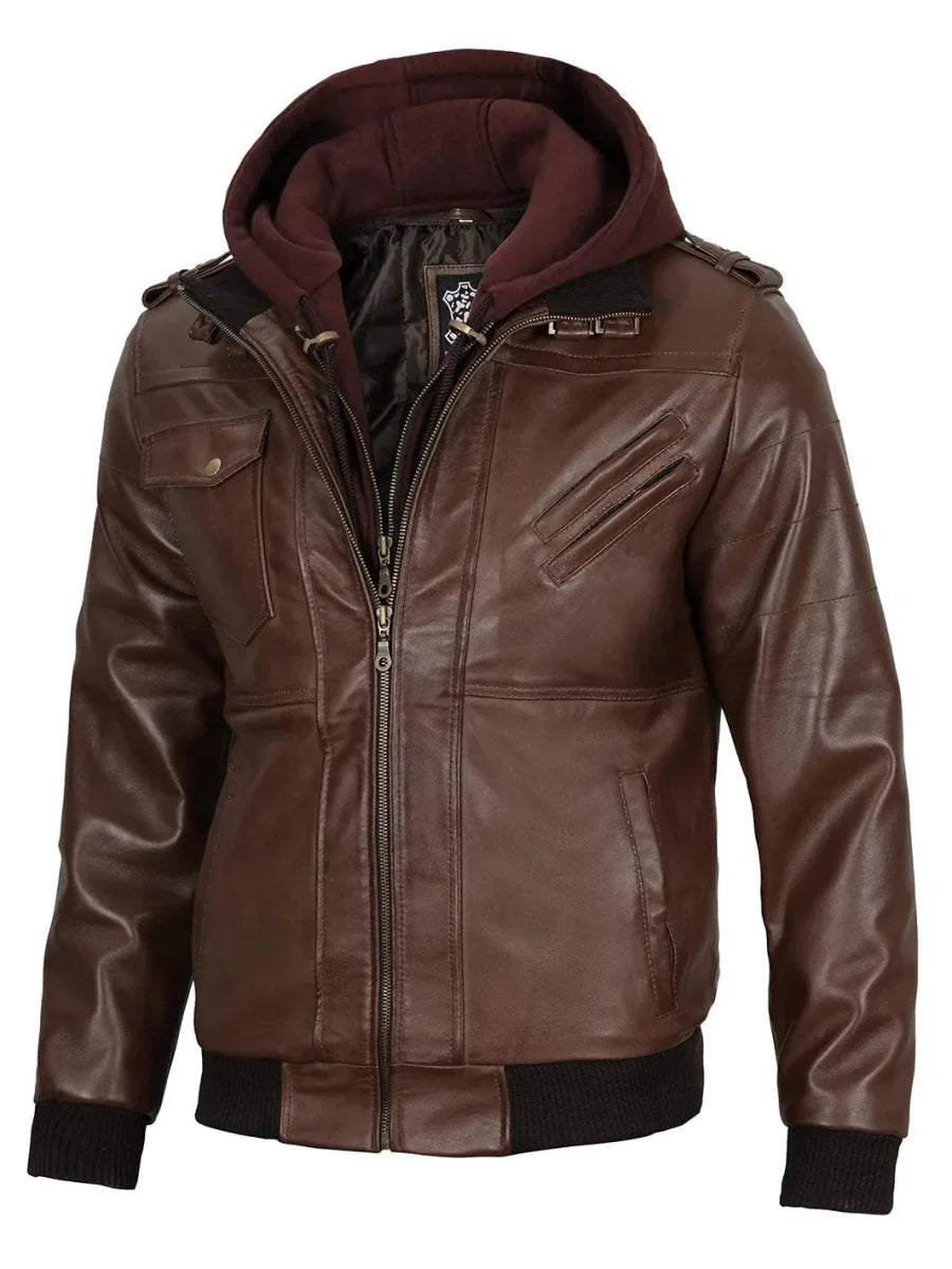 Edinburgh Men's Dark Brown Leather Bomber Jacket With Removable Hood - Vox Leather