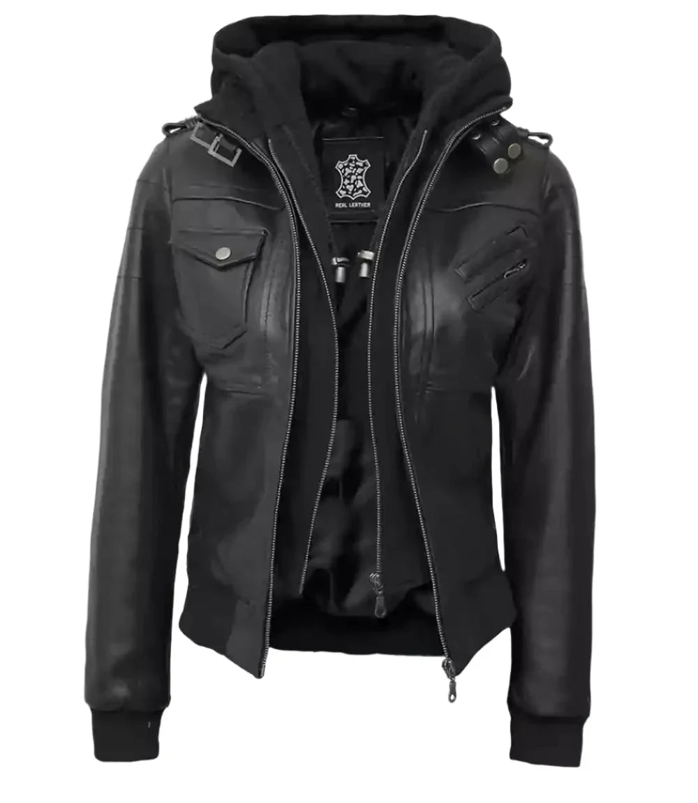 Edinburgh Women's Bomber Black Leather Jacket with Removable Hood - Rare Leather