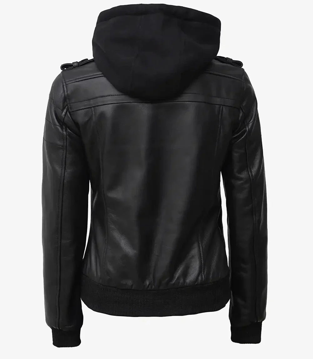 Edinburgh Women's Bomber Black Leather Jacket with Removable Hood - Rare Leather