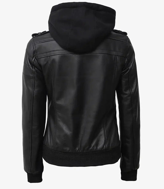 Edinburgh Women's Bomber Black Leather Jacket with Removable Hood - Rare Leather
